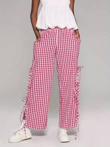 Women Y2K Wide Leg Gingham Pants Elastic High Waist Side Tie Loose Fit Plaid Trouser Lounge Pants