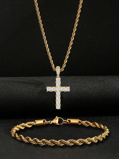 Set de 2 piezas con colgante cruzado de circonita cúbica brillante y pulsera, cadena retorcida de acero inoxidable, adecuado para adolescentes, niños, niñas, estilo punk, hip-hop, fiesta callejera, accesorios, regalos, uso diario, Navidad, Año Nuevo, San Valentín