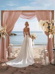 1 件 75*300/600 厘米香槟色薄纱窗帘，适用于婚礼、生日派对、迎婴派对、婚礼派对装饰、新娘送礼会、婚礼仪式、婚宴、家居背景、多功能婚礼拱门、楼梯、椅子装饰、情人节礼物、婚礼回礼 - 深香檳色 - 查看 8