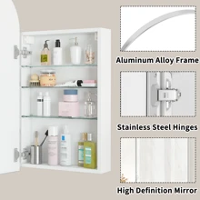 FKWin Arched Medicine Cabinet With Mirror, Aluminum Alloy Brushed Frame Bathroom Mirror With Storage, 3 Adjustable Shelves Vanity Mirror, Surface Wall Mounted, Not Recessed Home Bathroom Decor Summer Makeup Organizer - Silver - View 5