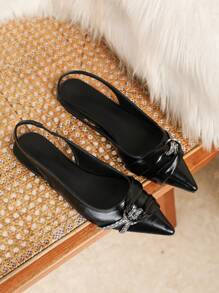 Women's Pointed Toe Vintage Style Patent Leather Rivet Decor Slip-On Flats, Cute Style For Spring & Autumn - Black - View 5