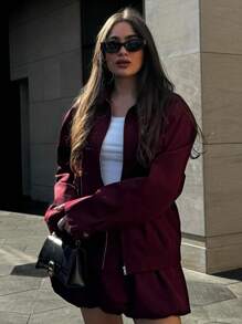 女士秋季新款时尚外套酒红色翻领长袖口袋拉链女式街头风格夹克 - 酒紅色 - 查看 8