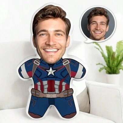 Customizable Superhero-Themed Photo Pillow, Personalized Face-Shaped Cushion, Unique Birthday Gift - Polyester, Mixed Color, Knit Fabric