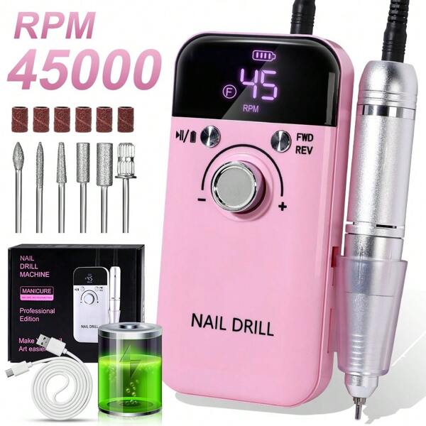 Taladro de uñas portátil de 45,000 RPM, máquina de archivo eléctrico recargable profesional para uñas acrílicas, manicura/pedicura, pulido, cutículas - Uso en salón o en casa, juegos de taladro de uñas, regalo perfecto para Año Nuevo y el Día de San Valentín para las señoras