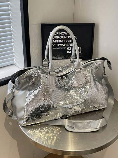New Fashion Travel Bag, Solid Color Minimalist Niche Design Sequin Stylish And Cool, Suitable For Short-Distance Travel And Gym, With Independent Shoe Compartment, Large Capacity, Versatile & Exquisite Bag For School School Accessories School Stuff