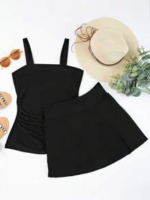 Summer Beach Square Neck Tummy Control Two Pieces Tankini Swimsuits With Skirted Bottom Swimwear 2 Pieces Bathing Suits Tankinis For Woman - Black - View 8