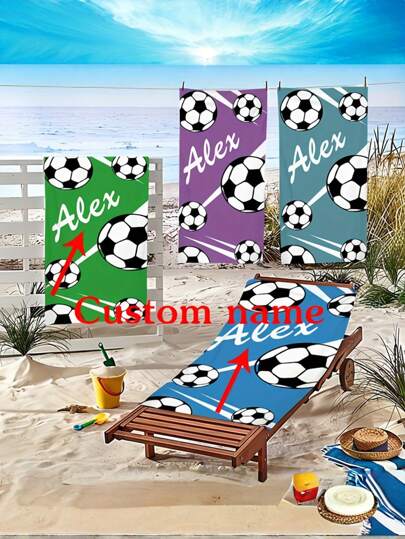 1pc Custom Name Soccer Pattern Beach Towel, Super Absorbent Quick Drying Microfiber Blanket, Personalized Rectangular Design For Beach, Swimming, Outdoor, And Camping, Modern Style Ornamental, Reusable, Ideal Gifts For Him, Ideal Gifts For Her, Boyfriend, Dad, Girlfriend, Mom, Family, Friends, Tea Room, Home, Garden, Office, For Anniversaries, For Valentine's Day, For Mother's Day, For Birthdays, For Father's Day, For Graduation, For Weddings, For Housewarming,Sunny Journey