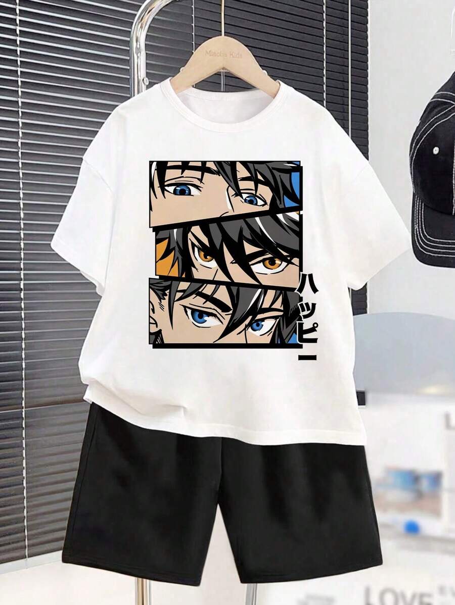 Boys Casual Simple Short Sleeve T-Shirt And Shorts Set Cartoon Car Print Summer Suit - Nhiều màu - Xem 1