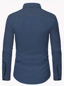 男士经典时尚迷人蓝色底印花长袖衬衫，父亲节礼物，百搭款式，适合所有季节，常规版型，面料略有弹性，秋季 - 藏蓝色 - 查看 2