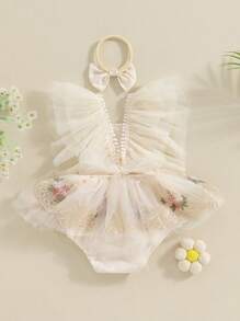 Newborn Baby Girl Princess Romper Dress Mesh Embroidery Tutu Skirt Jumpsuits One Piece Outfits - Màu be - Xem 3