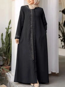 Vestido-bata elegante y largo de unicolor, estilo turco para mujer, con cremallera, mangas largas y adorno de strass, modesto, tipo kaftan - Negro - Ver 3