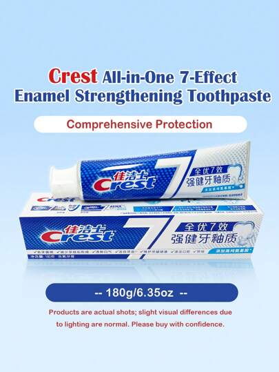 CREST Allt-i-ett emaljstärkande tandkräm med 7 effekter - 1 st 180 g/6,35 oz, omfattande skydd, multieffekt, kylande mynta, gör tänderna mer motståndskraftiga, djuprengöring, tandhälsa, frisk andning, bibehåll tandköttshälsa, bleka tänder, reducera tandsten, för oral vård, daglig användning, familjedelning
