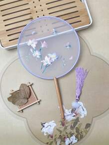 1 Stück vintage Handventilator, chinesischer runder Fächer mit Seide-Stickerei, Kranich-Blumen Heim- und Raumdekoration, Tanzfächer mit Quasten, Party-Requisiten, Weihnachts-, Valentinstags- und Neujahrgeschenk