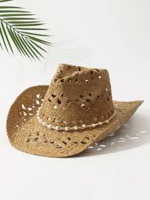 1pc Unisex Pearl Decor Cowboy Hat Hollow Out Wide Brim Handmade Cowgirl Hat Spring Summer Travel Shade Beach Hat Straw Hat Casual Sun Hat - Màu Khaki - Xem 1