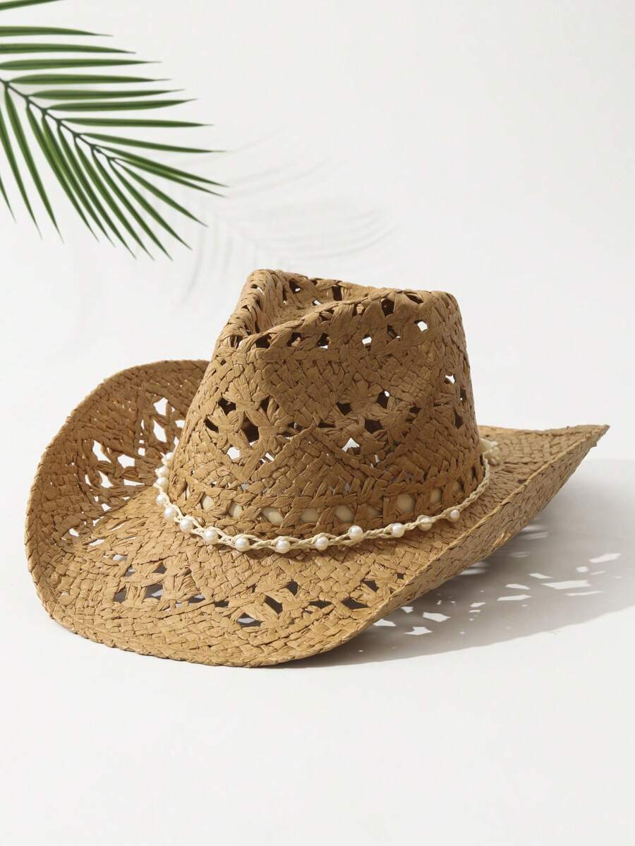 1pc Unisex Pearl Decor Cowboy Hat Hollow Out Wide Brim Handmade Cowgirl Hat Spring Summer Travel Shade Beach Hat Straw Hat Casual Sun Hat - Màu Khaki - Xem 1