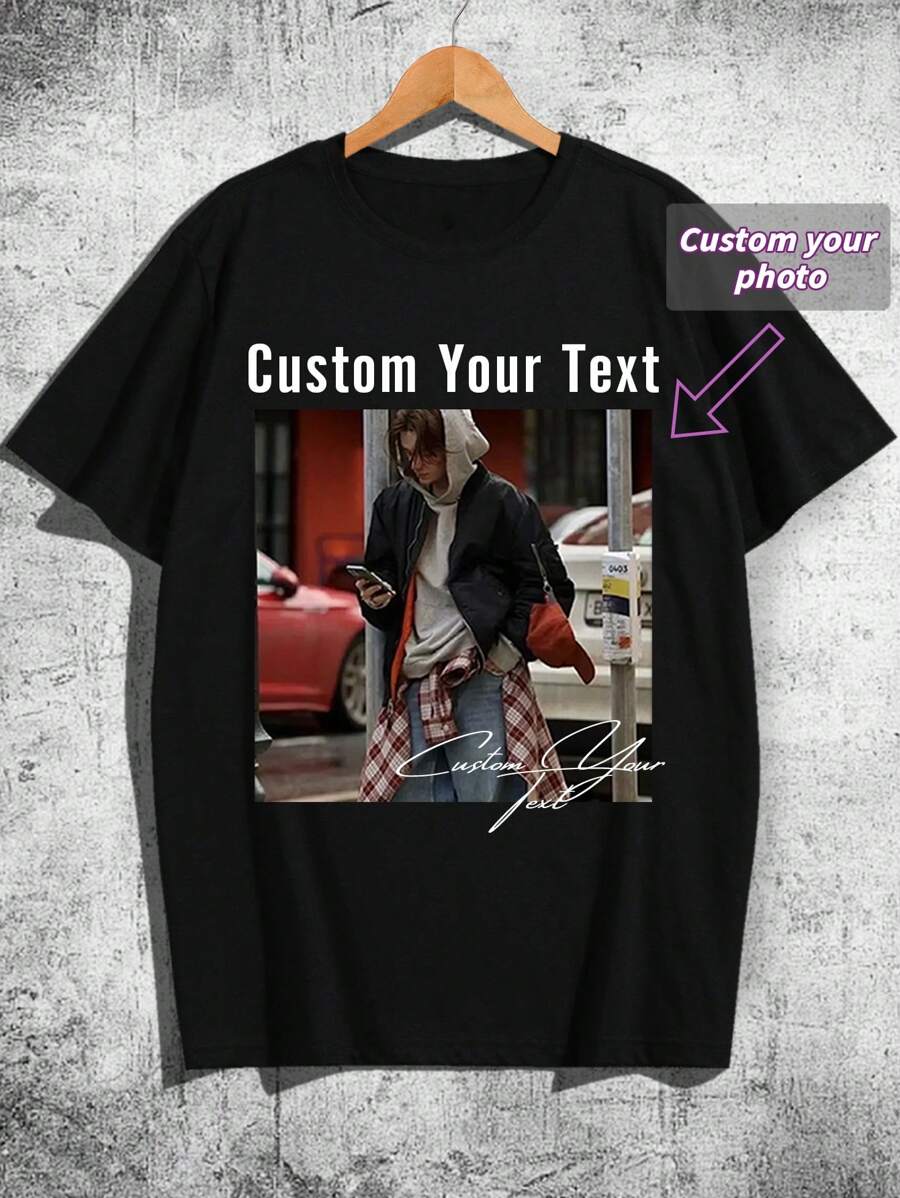 Customized Men's T-Shirt, Enter Your Text/Blessing/Funny Text, Upload Your Photo/Friend/Lover Photo, Black T-Shirt, Holiday Gift, Anniversary Gift, Company Team Building Uniform, Music Festival, Gift For Him, Spring/Summer Round Neck Short Sleeve T-Shirt, Party, Men's Short Sleeve Summer Top,Chic Autumn,Street Casual Chic - Black - View 1