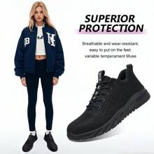 Unisex Stahlkappe Arbeitsschuhe, durchstichhemmende Sicherheitsschuhe, Wanderschuhe mit Stoßdämpfung, rutschfeste Schnürung, Niedrig-Top Design, einfarbiges Obermaterial und Futter aus Stoff, Gummisohle, runde Kappe, weiche komfortable Innensohle