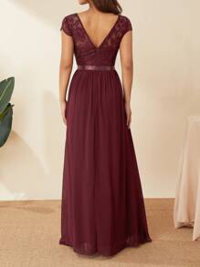 Women's Long Evening Dress, Solid Color Lace Patchwork Backless V Neck Elegant Dress, Simple One-Piece Clothes - Màu Đỏ Sâu - Xem 8