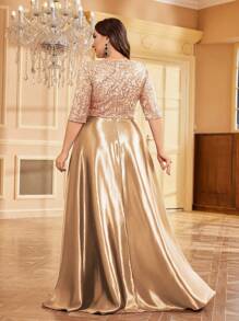 hezixi Vestido de cóctel, para invitadas de boda o de graduación, elegante y lujoso, de talla grande, con cuello en V, manga corta, de satén con lentejuelas y diseño acampanado, para madre de la novia