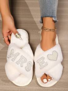 Personalized Faux Pearl Rhinestone Letter Plush Slippers, Open Toe Criss-Cross Comfortable Indoor Slippers, Elegant White Fluffy Bridal Slippers With Cross-Opening Design, Soft Fabric Lining - Black - View 6