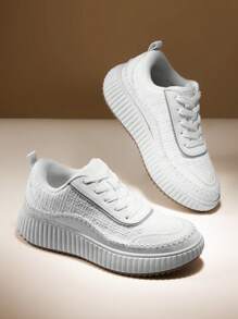 Women Platform Casual Sneakers Thick-Sole Woven Style Fashion Comfortable Wedge Sneakers Autumn Winter Outdoor Sport Shoes - trắng - Xem 2