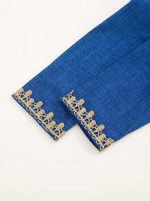 Young Boy Long Sleeve Embroidered Patch Collar Long Button-Down Shirt - Blue - View 5