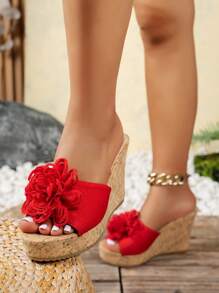 صنادل نسائية ذات كعب إسفين مزينة بالأزهار من مادة الفلين الناعمة - إطلالة أنيقة ومتعددة الاستخدامات - تصميم صيفي جديد - راحة وليونة يومية - للإرتداء في الشاطئ والعطلات - زخرفة بالأزهار - تصميم مفتوح للأصابع - كعب إسفين - من مادة الفلين - متوفر بالأسود والأحمر والكاكي - الأحمر - مشاهدة 2