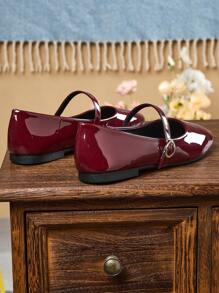 Women's Fashion Square Toe Low Vamp Black Shoes, Versatile Office Casual Outdoor Flat Shoes With High-End Aesthetic, Mary Jane Ballet Flats For Party And Wedding, Red - 酒紅色 - 查看 2