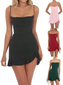 Vestido mini con volantes para mujer, de un solo color, con cuello cuadrado, sin mangas, con tirantes de espagueti, espalda cruzada y ajustado, para uso en clubes - Verde - Ver 3
