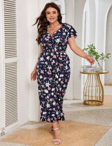 Yesfashion Womens Plus Size Loose Jumpsuits Summer Short Sleeve One Piece Outfit Elastic Waist Wide Leg Floral Jumpsuits - hoa hải quân - Xem 2