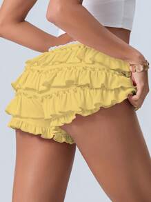 Women Hollow Out Crochet Knit Shorts Ruffled Layered Pleated Tiered Summer Fall Beach Music Festival Shorts - Màu vàng - Xem 4