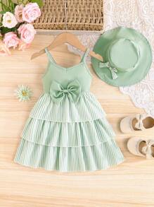 2pcs/Set Toddler Girls' Striped Suspender Layered Cake Skirt With Bow Headband, Elegant Party Outfit, Summer - Mint Green - View 9