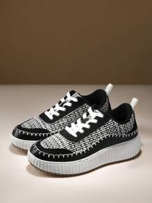 Women Platform Casual Sneakers Thick-Sole Woven Style Fashion Comfortable Wedge Sneakers Autumn Winter Outdoor Sport Shoes - Đen và trắng - Xem 3