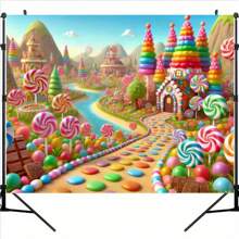 Telón de fondo fotográfico estilo mundo de dulces fantasía - Pueblo de dulces imaginario con árboles de piruletas, castillo de dulces y sendero de colores dulces - Adecuado para fiestas de cumpleaños dulces, sesiones de fotos y actividades divertidas - Albaricoque - Ver 2