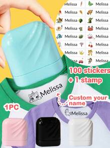 LICVIC 1pc Custom Name Thread-Shaped Signature Stamp For Kids, Back To School Supplies For Kids,Cartoon Pattern Name Stamps Personalized, 100 Stickers+1 Stamp, DIY Customized Cartoon Self Inking Name Stamp, Stamps For Signing Name