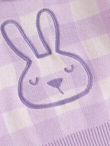 Toddler Bunny Pattern Sweaters Checkered Easter Long Sleeve Round Neck Ribbed Knit Jumper Tops - Purple - View 5