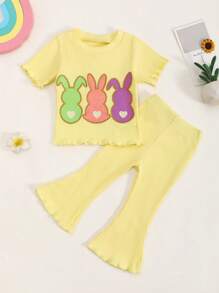 Conjunto de 2 piezas para niña bebé con diseño bordado de conejo amarillo, Serie adorable, perfecto para Pascua - Amarillo - Ver 1