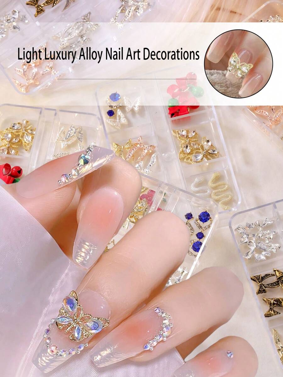 6-Grid Jewelry Light Luxury Alloy Nail Decorations, Containing Various Diamond-Studded Alloy Jewelry, Butterflies, Bells, Cherries, Stars, And Moons Sparkling For Nail Art Design Family DIY