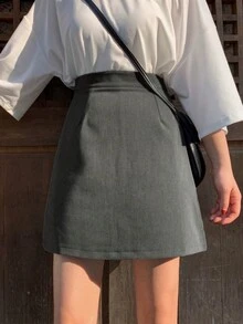 女式纯色简约休闲 A 字裙 - 淺灰色 - 查看 2