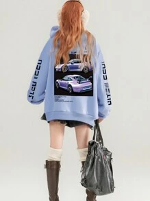 Casual Racing Print Loose Women's Sweatshirt, Street Sports Slogan Print Zipper Hooded Loose Men's Sweatshirt, Gift For Car Lovers, Car Theme T-Shirt, Suitable For Autumn And Winter, Long Sleeve Top