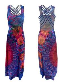 Women Summer Casual Long Dress Tie-Dye Print U-Neck Sleeveless Dress Fashion Cross Backless Dress - Màu xanh hải quân - Xem 6