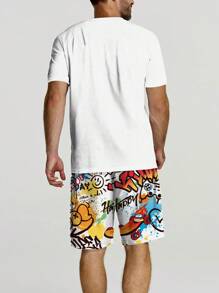 2pcs/Set Men's Casual Summer Outfit, Colorblock Short Sleeve Crew Neck T-Shirt & Drawstring Shorts Set, Beach/Sports/Workout Shorts, Cozy Outfits - White - View 2