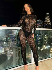 Women Long Sleeve Hollow Out High Stretch Lace Party Baddie Night Out Jumpsuit - màu đen - Xem 4