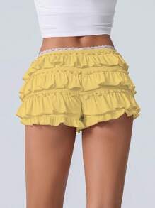 Women Hollow Out Crochet Knit Shorts Ruffled Layered Pleated Tiered Summer Fall Beach Music Festival Shorts - Màu vàng - Xem 5