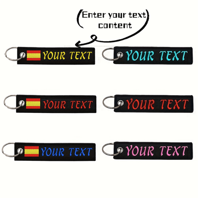 Chaveiro bordado preto personalizado com bandeira espanhola, chaveiro personalizável de um lado, decoração para mochila, bagagem, presentes de companhias aéreas, impressão gráfica