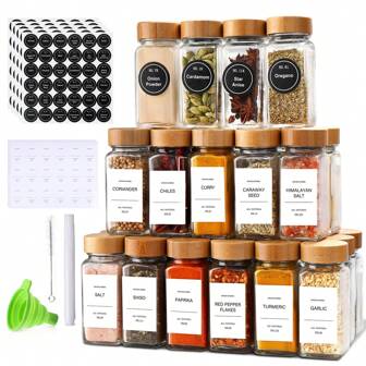 12/24 stuks glazen kruidenpotjes met bamboe deksels, 4 oz glazen potten met minimalistische boerderij kruidenlabels, opvouwbare trechter, kruidenopslagflessen voor kruidenrek, kast, lade