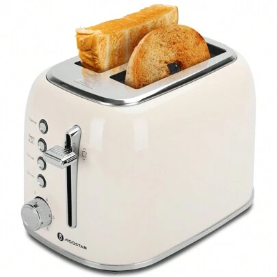 Tostadora 2 Rebanadas, Retro, 2 Ranuras Anchas de 4 cm y Cortas, 6 Niveles de Tostado, Función Bagel, Recalentar, Descongelar y Cancelar,  Varillas Superiores, Bandeja recogemigas, Acero Inoxidable, Crema, 800W
