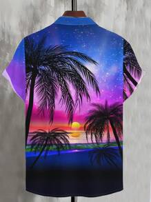 Camisa de hombre con estampado 3D de cielo estrellado de verano, puesta de sol y árbol de coco