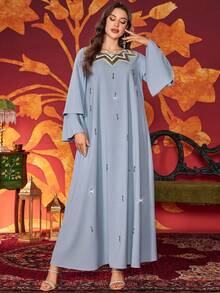Women's Round Neck Rhinestone Embellished Color Block Long Elegant Abaya Dress - Light Blue - View 10