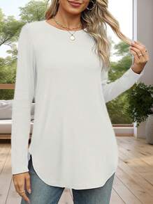 Women's Solid Color Crew Neck Shirt With Side Split Long Sleeve Casual Basic Top - trắng - Xem 1